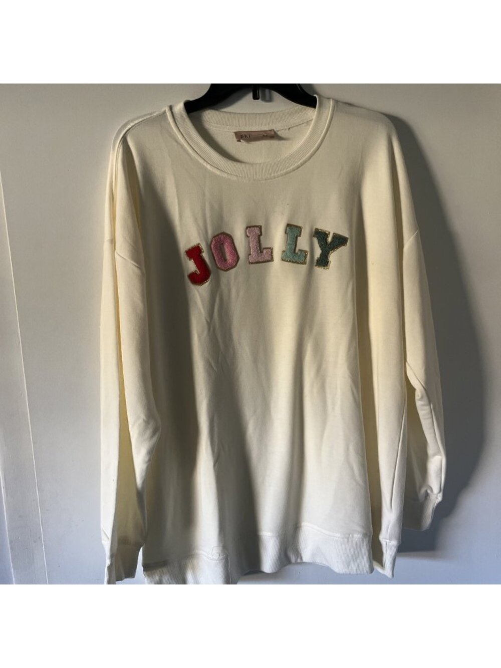 Women’s Philosophy Long Sleeve Christmas Jolly Patch NWOT Cream Xl Long Length